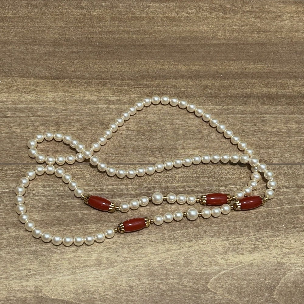 Elegant Pearl and Red/Orange Bead Necklace